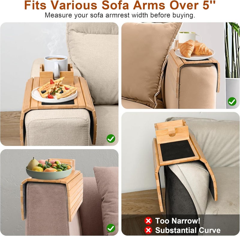 Joy&Grace Sofa Armrest Tray with Large Mug Holder, Bamboo Couch Arm Tray, Anti-Slip Couch Cup Holder Foldable Sofa Arm Table for Eating Drinks Cellphone (Color Natural) - Image 3